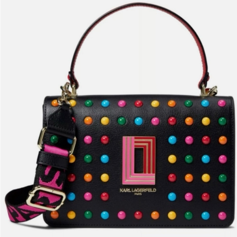 Karl Lagerfeld Black/Pink/Red Dot Simone Front Flap Crossbody Bag, NWT